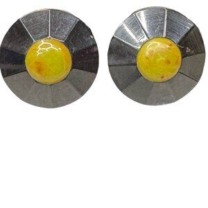 Vintage Bakelite Black & Yellow Clip-On Earrings Modernist MCM Faceted TESTED